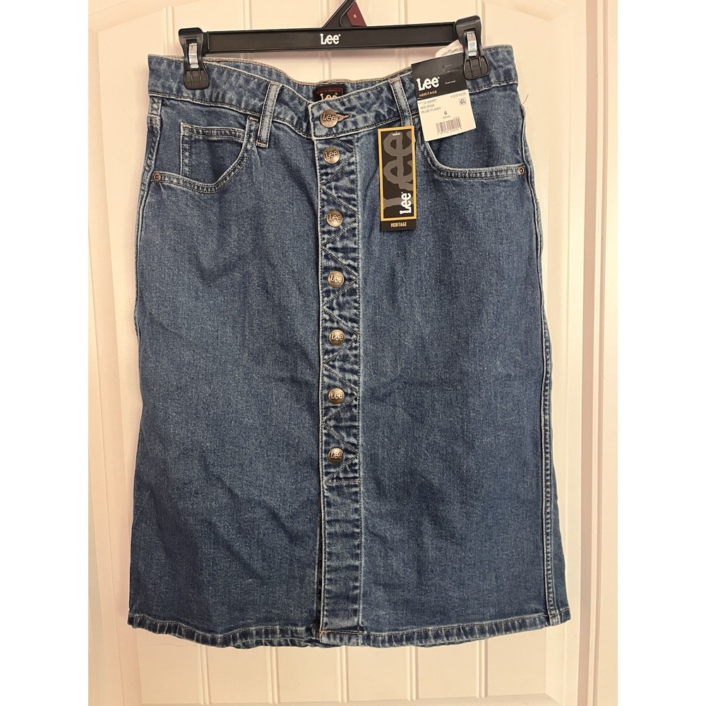 New Lee Women's Heritage Midi Skirt, Dark Blue Jean Denim Size 6 Snap Front